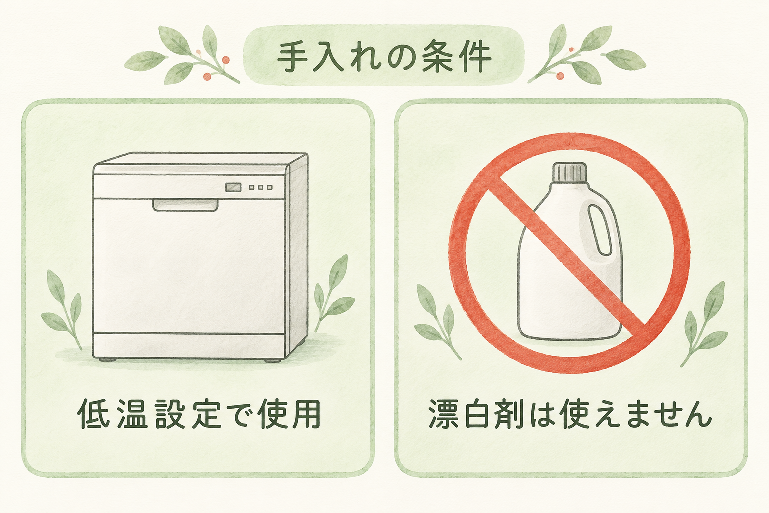 低温設定で使用できる食器洗い乾燥機と、漂白剤不可を示す手入れ条件図