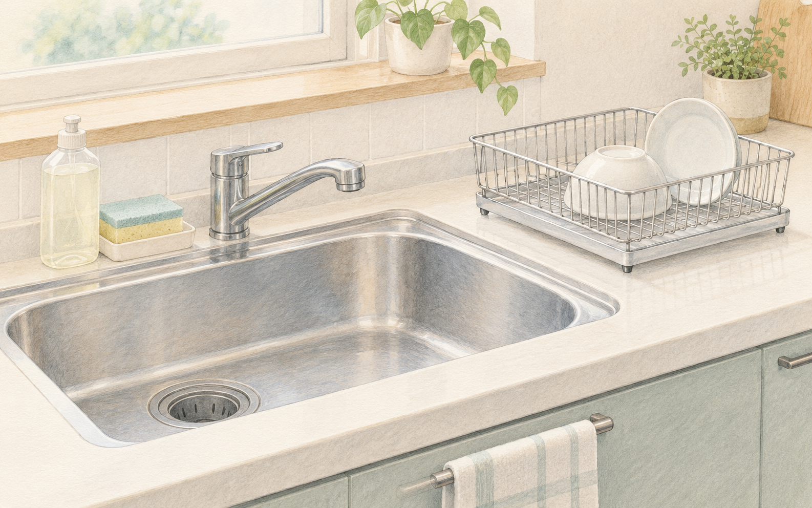 洗剤とスポンジ、水切りかごを備え、調理道具を洗って乾かす場所を用意したイラスト