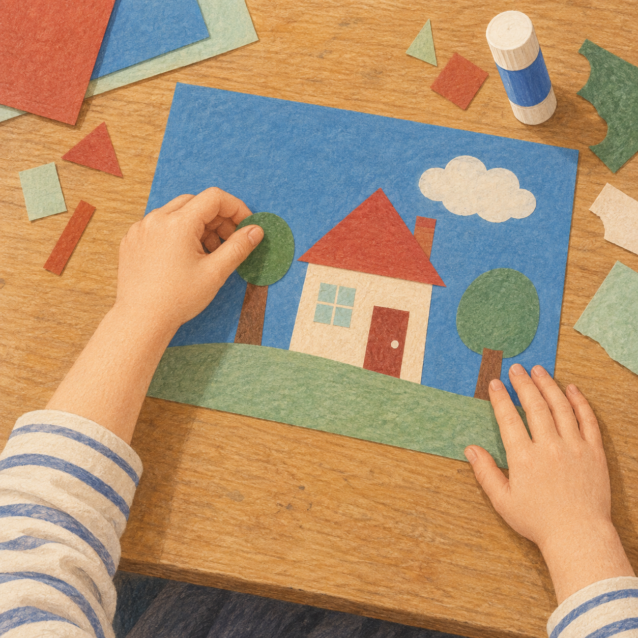 学童が左手で画用紙の切り抜きを並べ、作品を組み立てる場面