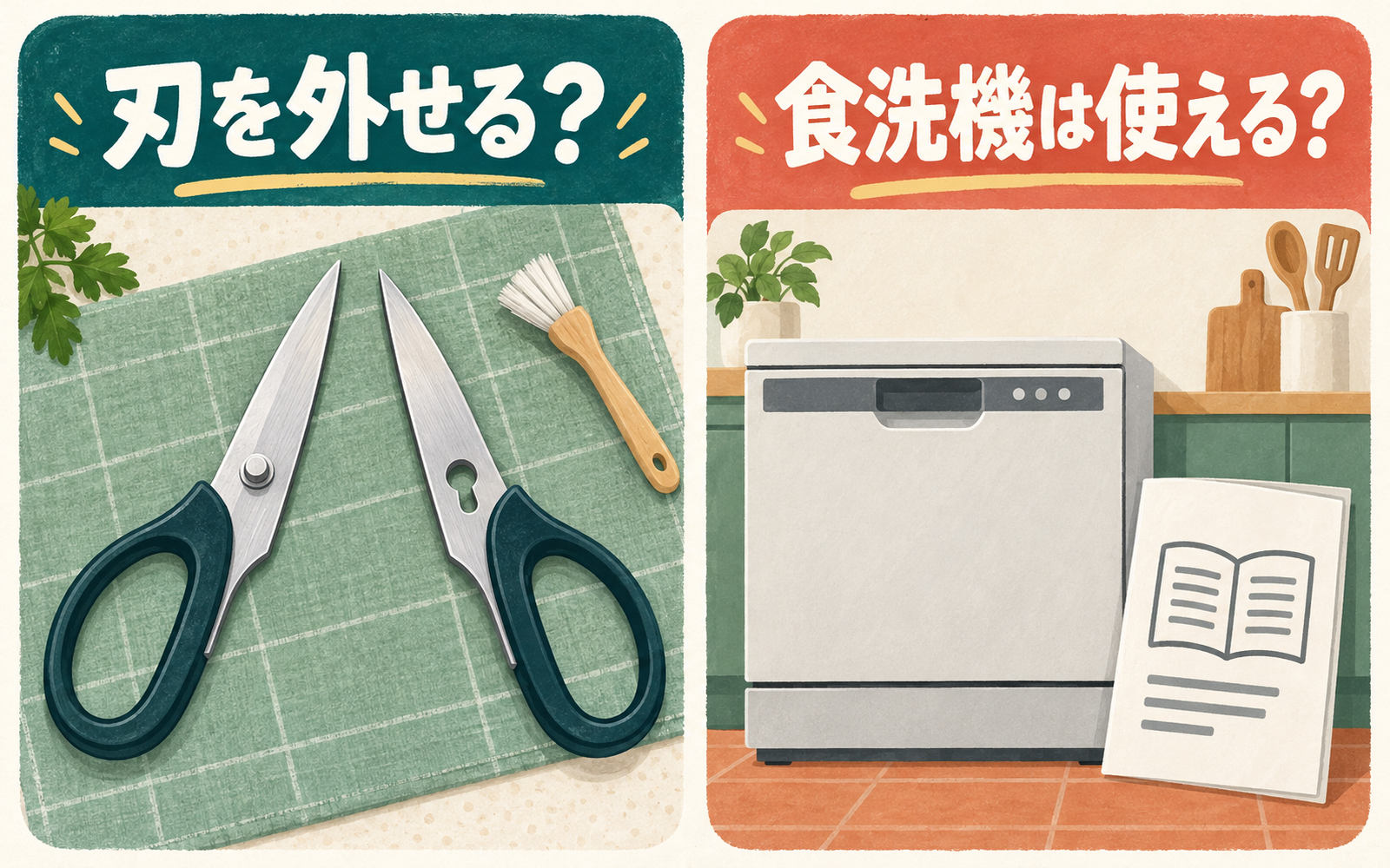 刃を分解できるかと食洗機を使えるかは別に確認することを示した、二つの確認項目のイラスト