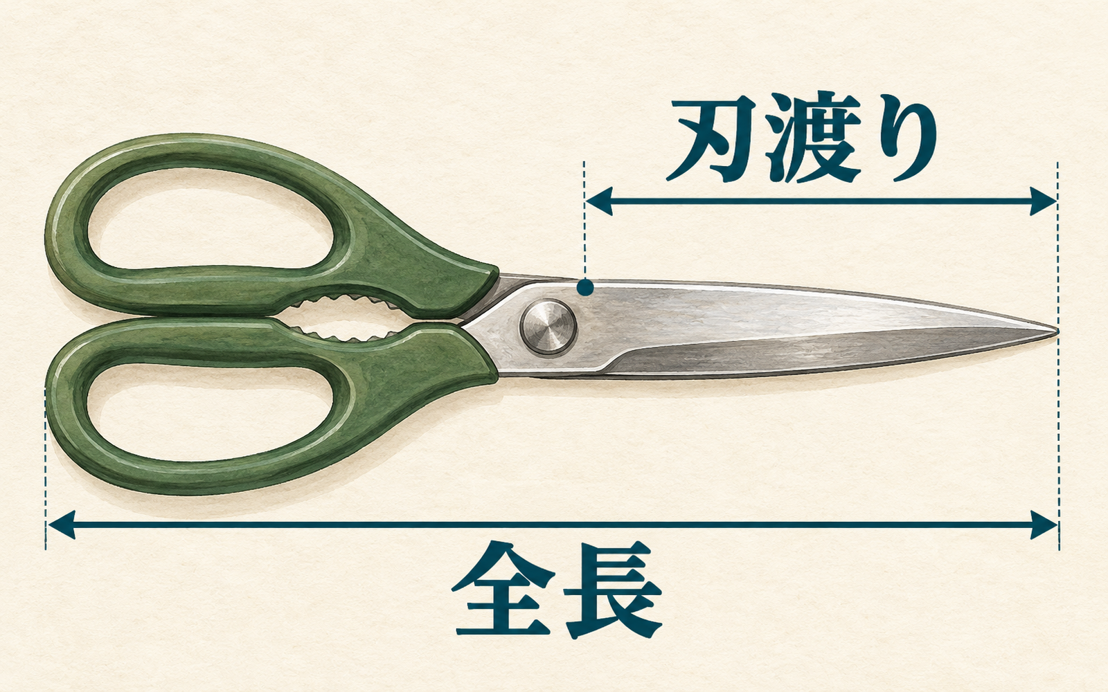 汎用の調理ばさみで、持ち手の端から先端までの全長と、刃の根元から先端までの刃渡りを示す図