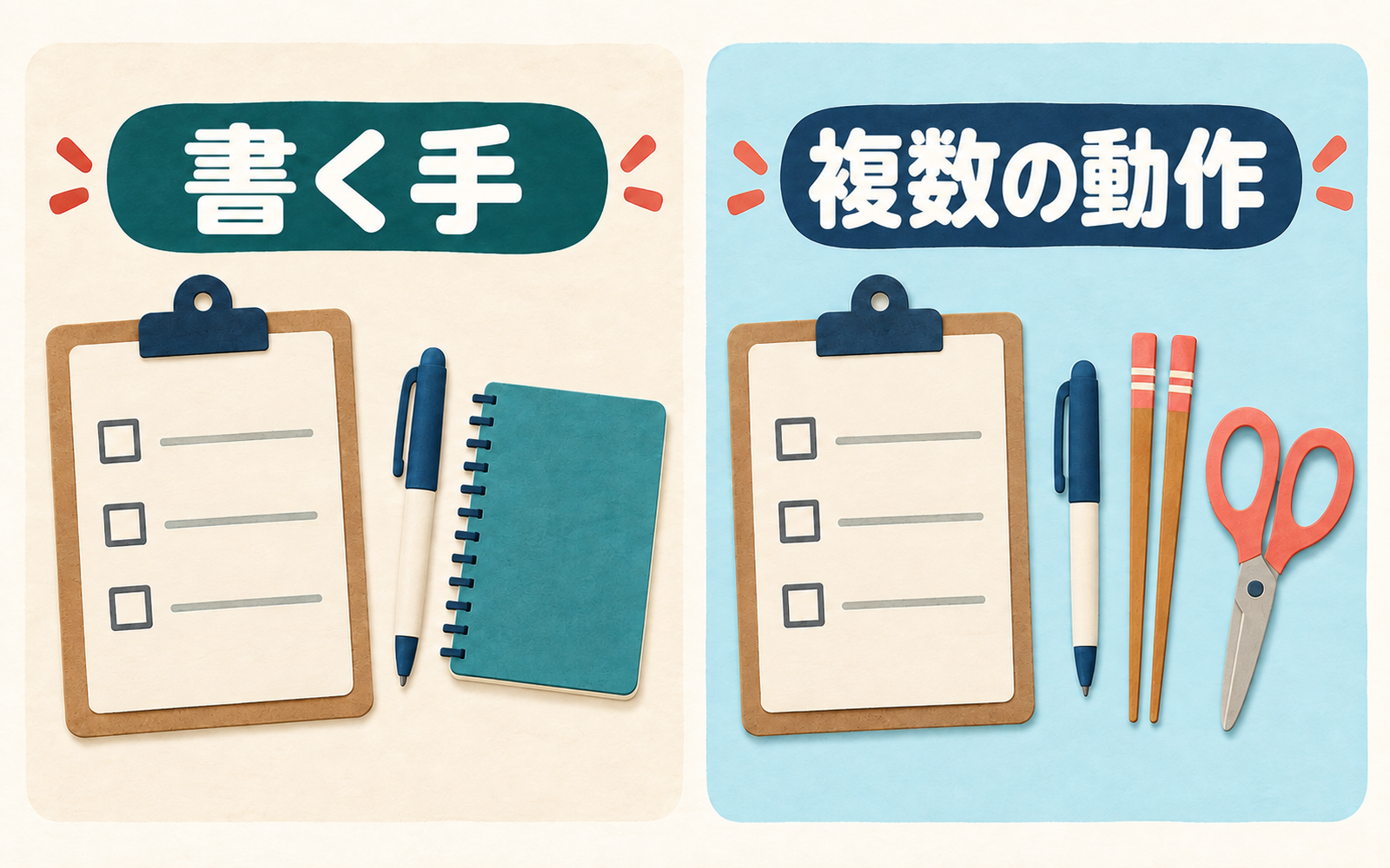 書く手を尋ねる調査票と、ペン・箸・はさみを並べて複数の動作を尋ねる調査票の比較イラスト