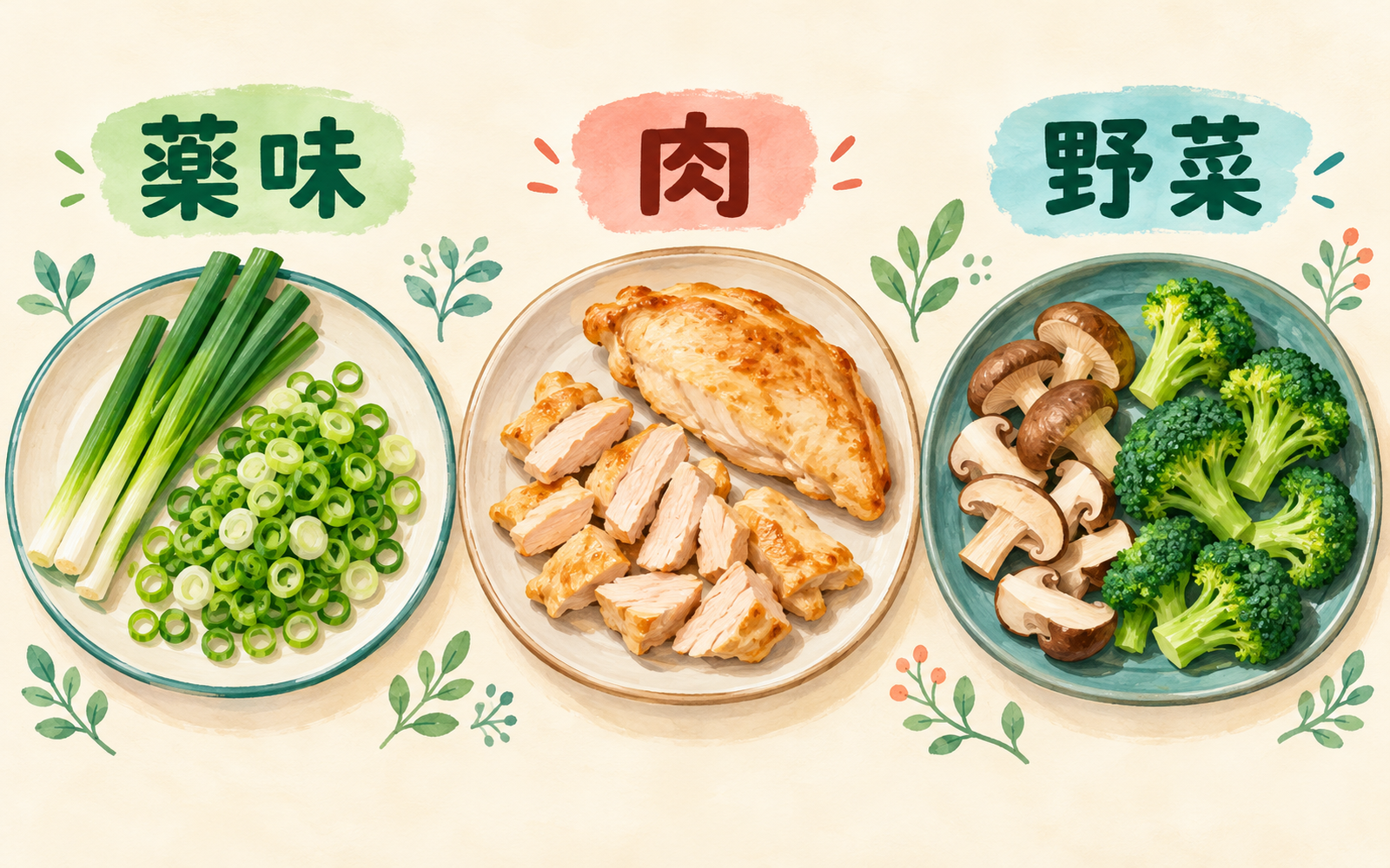 ねぎ、鶏肉、きのこを三つの皿に分け、切りたい食材から選ぶことを示した説明イラスト