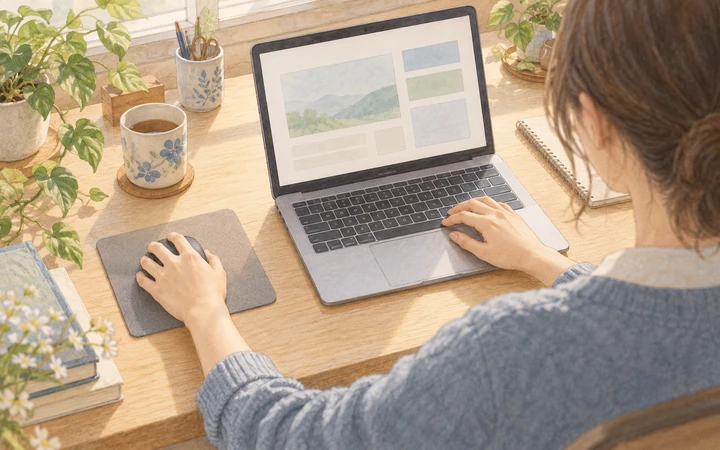 ノートPCの左側に置いた一般的なマウスを、本人の左手で操作する机上作業のイラスト