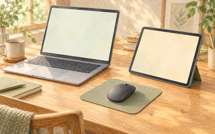 ノートPCとタブレットを並べた机に、一般的なマウスを1台置いた使用場面のイラスト