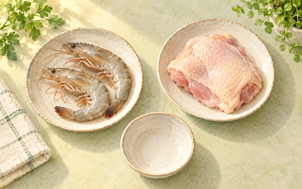 エビと鶏肉を別々の器に置き、下ごしらえの準備をしたイラスト