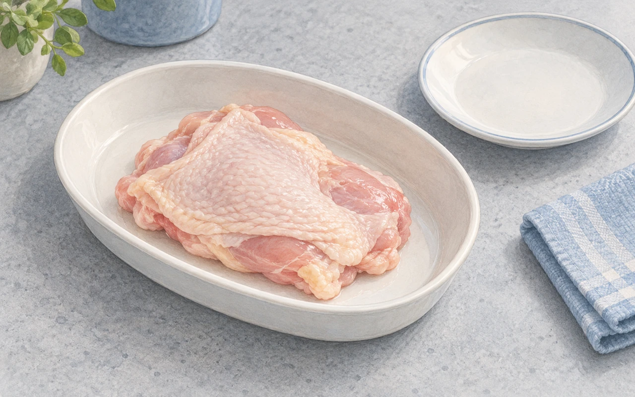 肉を浅い器に置き、下ごしらえを始める前の調理台のイラスト