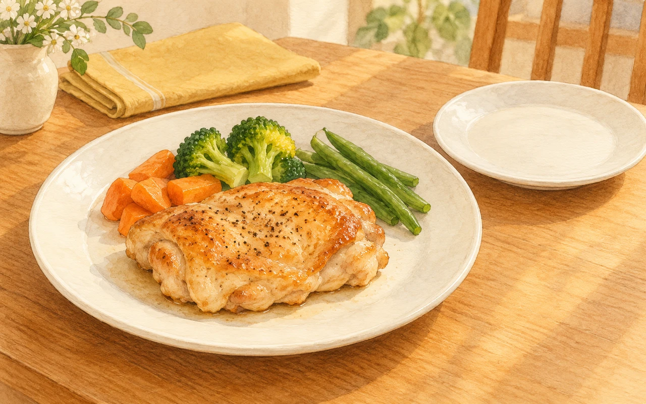 肉料理の皿と取り皿を食卓に用意した、切り分ける前の場面のイラスト