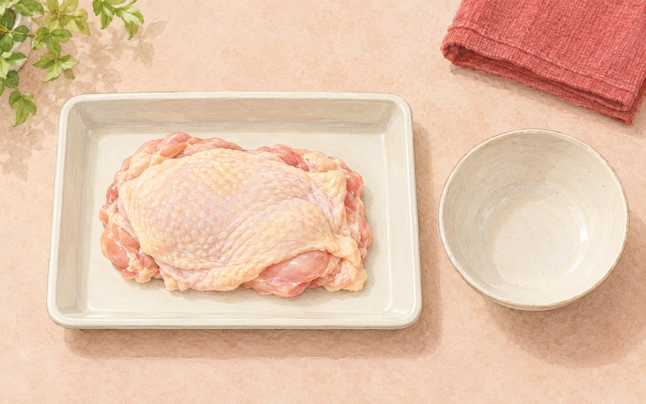 皮付きの鶏肉をトレイに置き、下処理前に器を用意したイラスト