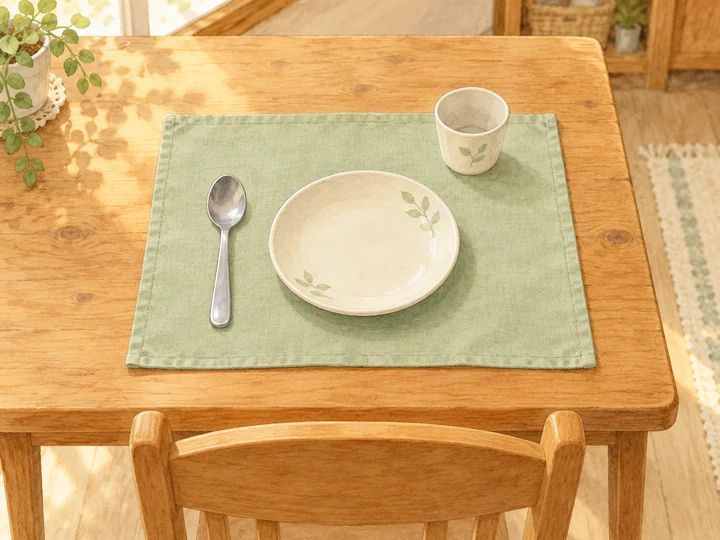 食事前の子どもの席に、空の皿と一般的なスプーンを用意した食卓のイラスト