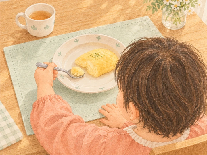 子ども本人が左手に持つ一般的なスプーンで、柔らかい料理から分けた一口分をすくう場面のイラスト